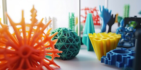Fototapete - a 3D printer creating prototypes in an innovation lab, with tools and models displaying creative potential.