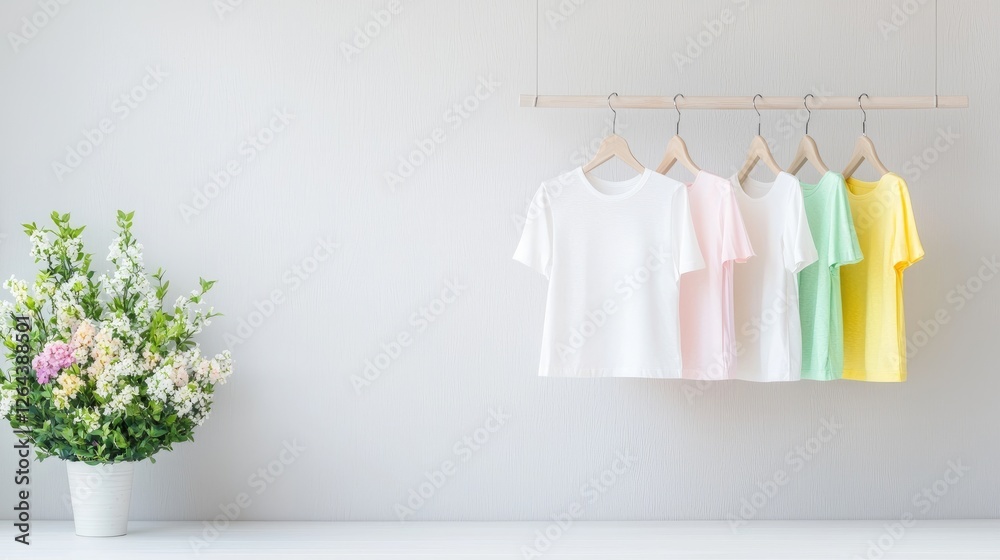 Pastel T-shirts hanging, flowers, minimalist room