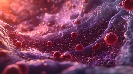 Aufkleber - Mesmerizing microscopic view of viral cells or pathogens in striking red and purple colors showcasing the intricate and captivating world of microbiology and cellular science