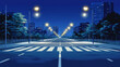 © Sahraya - City crossroad at night time, empty transport intersection with zebra crossing, glowing street lamps. Urban architecture, infrastructure, megapolis with modern buildings, Cartoon vector illustration