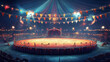 © Qaqas - Circus arena, round stage for performance, carnival show. Vector cartoon empty interior inside of cirque tent with scene, seats, flags and searchlights