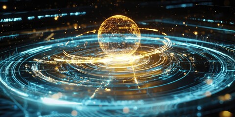 Poster - A futuristic planetarium showcasing a detailed holographic model of an alien planetary system, with orbits and energy lines.