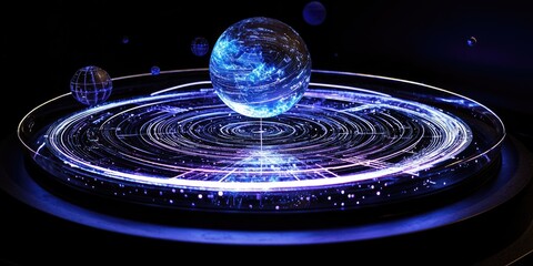Poster - A futuristic planetarium presenting a detailed holographic model of an alien planetary system, featuring orbits and energy lines.