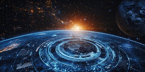 Poster - Advanced digital controls for space missions, with holographic inputs, live data readouts, and interactive celestial displays.