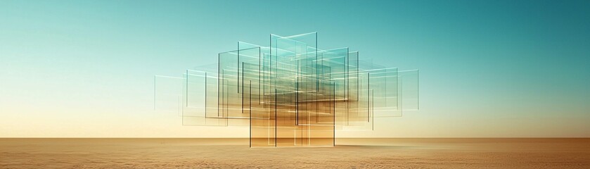 Poster - a vast desert where the sand is bioluminescent, glowing softly under a sky filled with floating geom