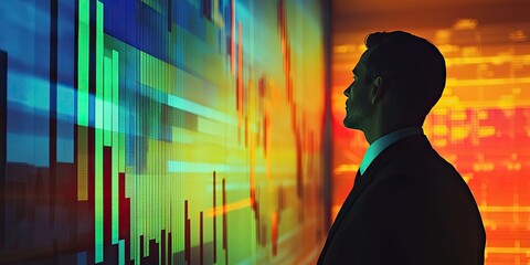 Poster - Investor evaluating wealth management plans with colorful charts and in-depth data in a professional finance presentation.