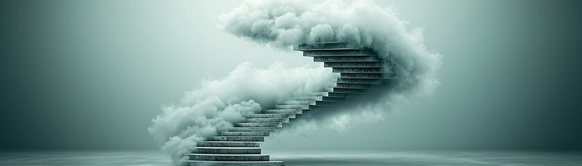 Poster - A never-ending staircase spiraling into the clouds, leading to unknown realms, soft dreamlike mist, ethereal lighting, breathtaking fantasy composition
