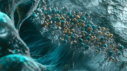 Fototapete - Mesmerizing underwater scene featuring swirling shimmering fluid patterns with iridescent bubbles in a captivating turquoise and teal color palette  This abstract