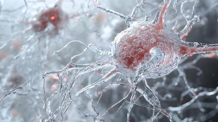 Fototapete - Microscopic close up view of a single neuron firing electrical impulses and transmitting signals through the complex network of synapses in the human brain  Medical scientific research biology