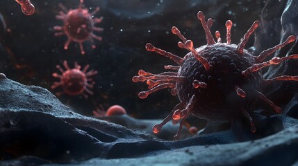Poster - Microscopic close up view of detailed coronavirus or COVID 19 viral particles and pathogenic structures under a scientific laboratory microscope