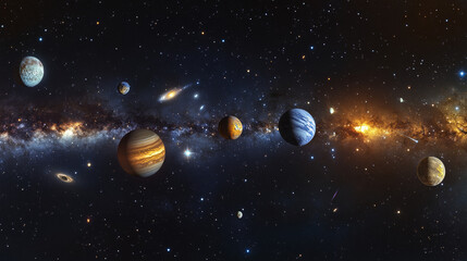 Wall Mural - space galaxy background with realistic planets, stars and nebula clouds in dark sky. far universe, f