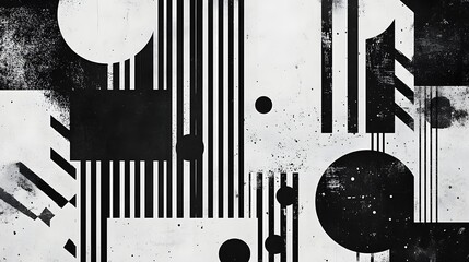 Fototapete - Minimalist abstract geometric patterns and shapes in a striking black and white monochrome composition  Clean modern and contemporary digital art with elements of lines circles squares