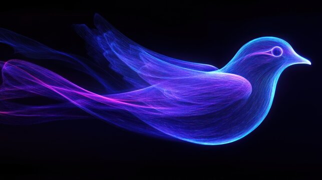 A digital canary composed of blue and purple light trails, leaving a neon streak in the air.