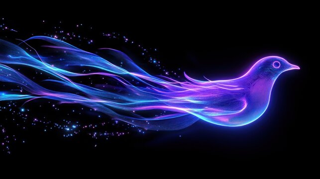 A digital canary composed of blue and purple light trails, leaving a neon streak in the air.