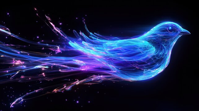 A digital canary composed of blue and purple light trails, leaving a neon streak in the air.
