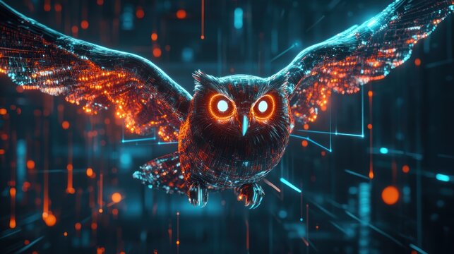 A floating AI-powered owl with illuminated eyes, scanning data streams in a dark, sci-fi environment.