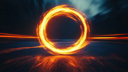 Wall Mural - Fire circle with light trail glow effect. Isolated magic flare ring with motion blur vector illustration. Power and energy bright orange twirl portal. 3d speed lines border asset for game.