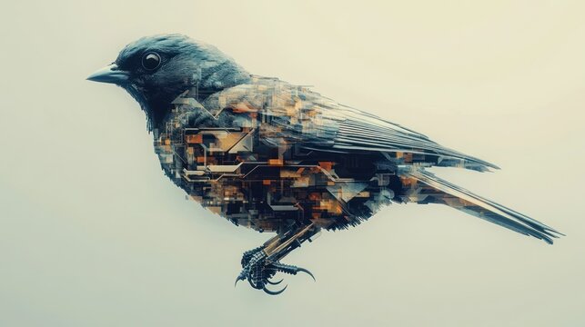 A floating AI-powered sparrow, its body composed of layered digital fractals, representing future intelligence