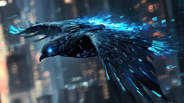 A futuristic robotic falcon with sleek metallic feathers emitting blue light, flying in a cyberpunk setting.