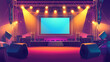 © Ruhi - Concert stage with screen illuminated by spotlights. Vector cartoon illustration of empty scene for rock festival, show, performance or presentation. Podium stage with truss, music and light equipment