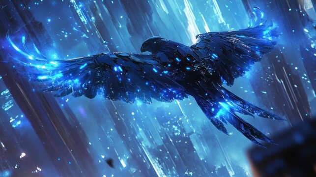 A futuristic robotic falcon with sleek metallic feathers emitting blue light, flying in a cyberpunk setting.