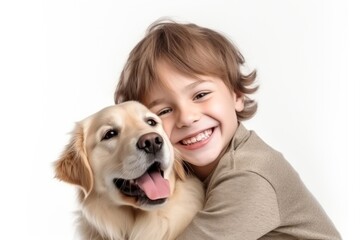 Wall Mural - Childen hugging puppy dog portrait mammal animal.