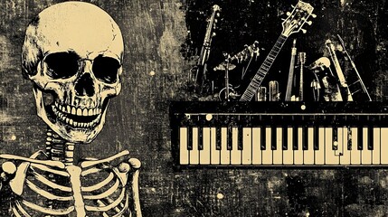 Poster - Skeleton Musician Performing on Haunting Piano Amid Dark Musical Backdrop
