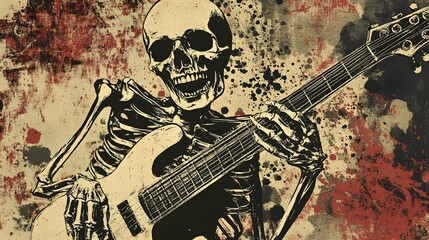 Poster - Skeleton Musician Playing Electric Guitar in Grungy Edgy
