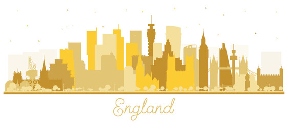 Wall Mural - England City Skyline Silhouette with golden Buildings Isolated on White. Concept with Historic Architecture. England Cityscape with Landmarks. Bristol. Leeds. Sheffield. London.