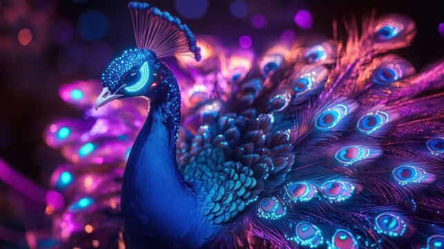 A high-tech metallic peacock, spreading digital feather patterns that glow with neon lights.