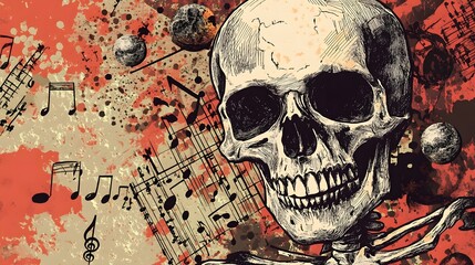 Poster - Skull Amidst Swirling Music Notes and Grunge Splatter Background