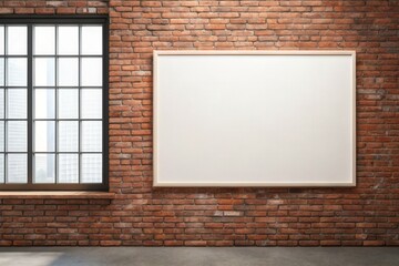 Wall Mural - Blank canvas frame mockup on old red brick wall with large window in loft room