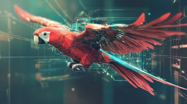 A polygonal futuristic parrot, infused with cybernetic elements, flying in a digital matrix.