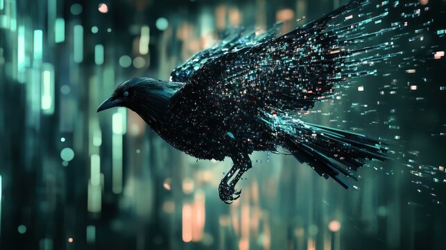 A sci-fi inspired robotic crow, its wings composed of holographic pixels, soaring through a deep digital void.