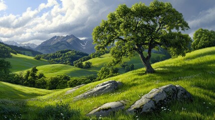 Wall Mural - A large tree stands in a grassy field with a mountain range in the background.