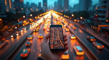 urban navigation: a cityscape reflected in a smartphone screen