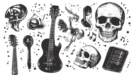 Poster - Skull and Musical Instruments Grunge with Feather Quill and Ink Splatters