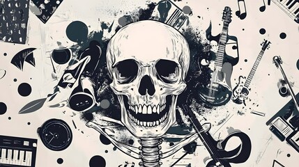 Poster - Skull and Musical Instruments in Abstract Grunge Monochrome Artwork