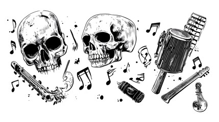 Poster - Skull and Musical Instruments Monochrome Graphic with Rock and Punk Aesthetic