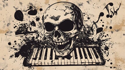 Poster - Skull and Piano Keyboard in Grunge Composition