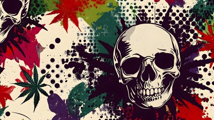 Poster - Skull and Psychedelic Abstract Grunge Composition with Cannabis Leaves