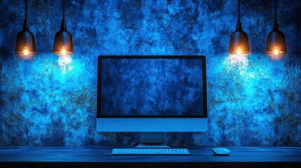 Poster - a modern workplace setup with a desktop computer under warm hanging lights, illuminated by a blue hue, creating a modern workspace