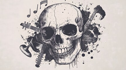 Poster - Skull Embracing Music - Monochrome of Skull with Musical Elements