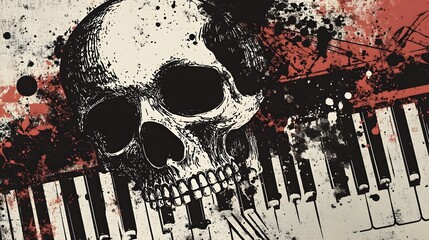 Poster - Skull Emerging from Splattered Piano Keys in Dark Composition