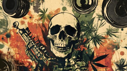 Poster - Skull Grunge Music Speakers Cannabis Abstract Punk Rock Digital Art