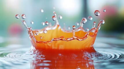 Leinwandbilder - Vibrant orange splash of water droplets colliding and bursting on a smooth reflective surface creating a dynamic energetic and visually captivating abstract effect