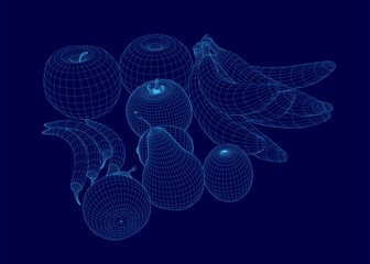 Poster - A blue and white image of fruit, including bananas, apples, and pears. The fruit is arranged in a way that makes it look like a 3D model