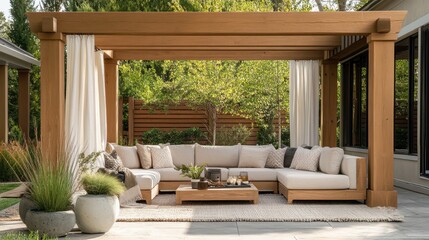 Elegant outdoor lounge area with wooden pergola and soft furnishings