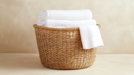 Wall Mural - A woven basket filled with neatly stacked white towels against a soft beige background