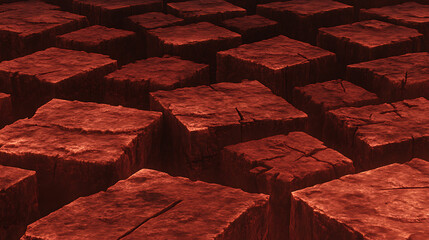 Poster - Abstract Arrangement of Angled Cubes with Rough Textured Surfaces in Warm Red Color Palette